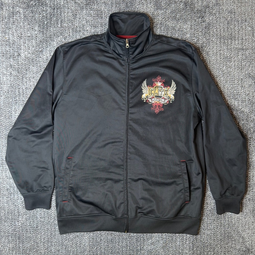 Y2K MMA Elite Mens Black Track Jacket Large Graphic Full Zip Mock Neck UFC